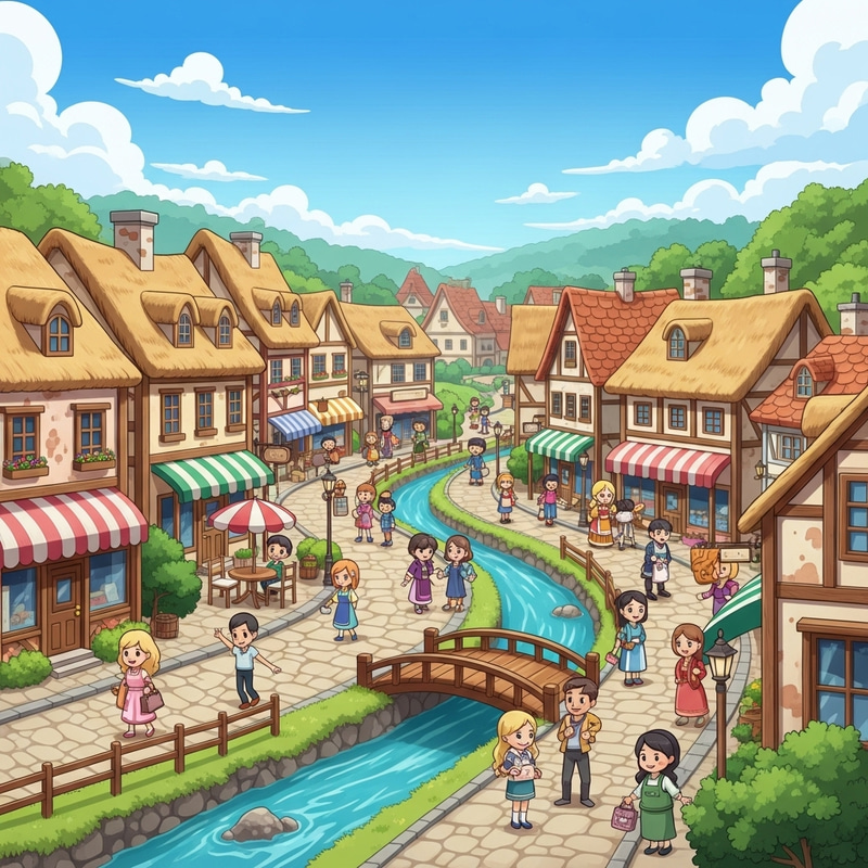 Charming Small Town Cartoon Scene | Pastel Buildings & Cobblestone Streets Charming Small Town Cartoon Scene | Pastel Buildings & Cobblestone Streets