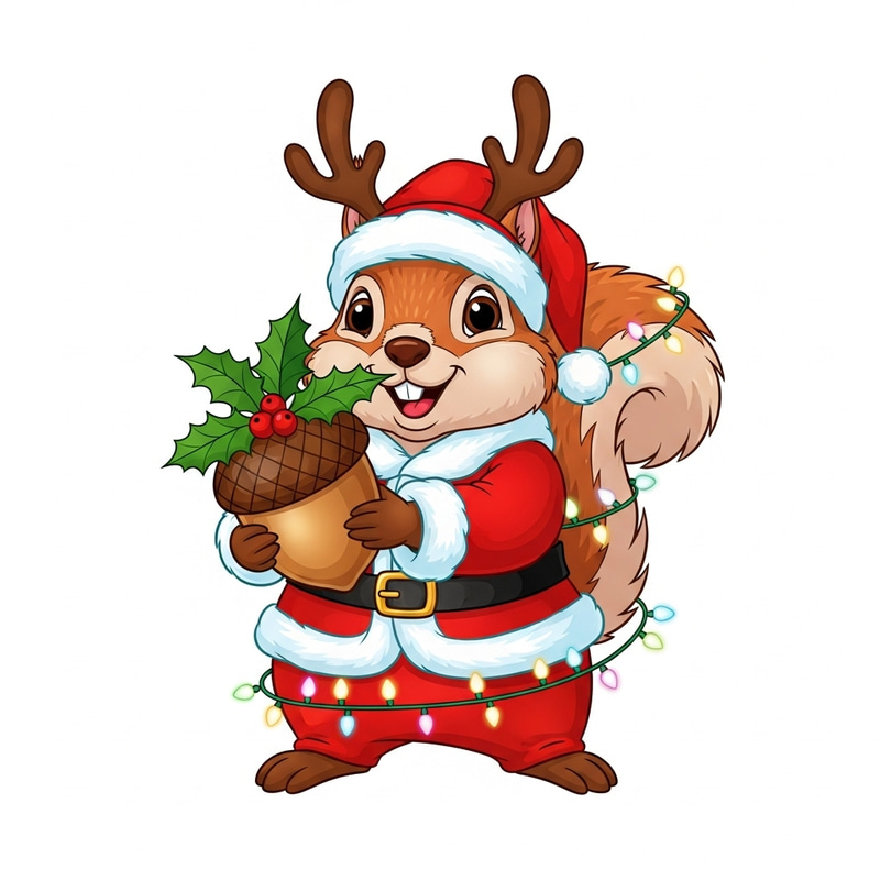 Whimsical Cartoon Squirrel in Santa Suit with Reindeer Antlers