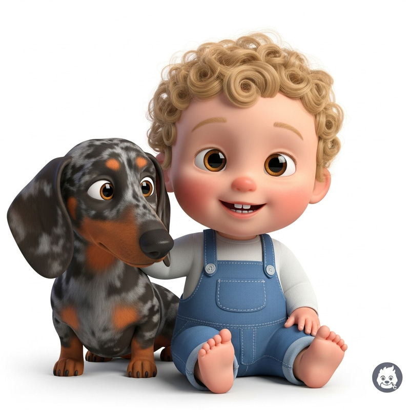 Adorable Curly-Haired Baby & Dachshund Dog | Child-Friendly Disney Pixar Illustration Adorable Curly-Haired Baby & Dachshund Dog | Child-Friendly Disney Pixar Illustration