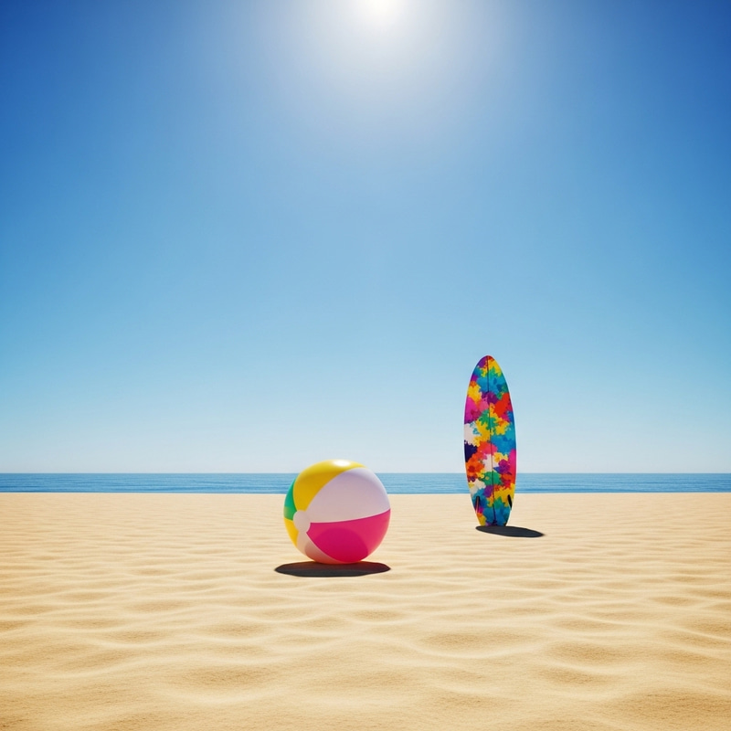 Tranquil Summer Beach Scene: Ball, Surfboard, Sun, Blue Sky Tranquil Summer Beach Scene: Ball, Surfboard, Sun, Blue Sky