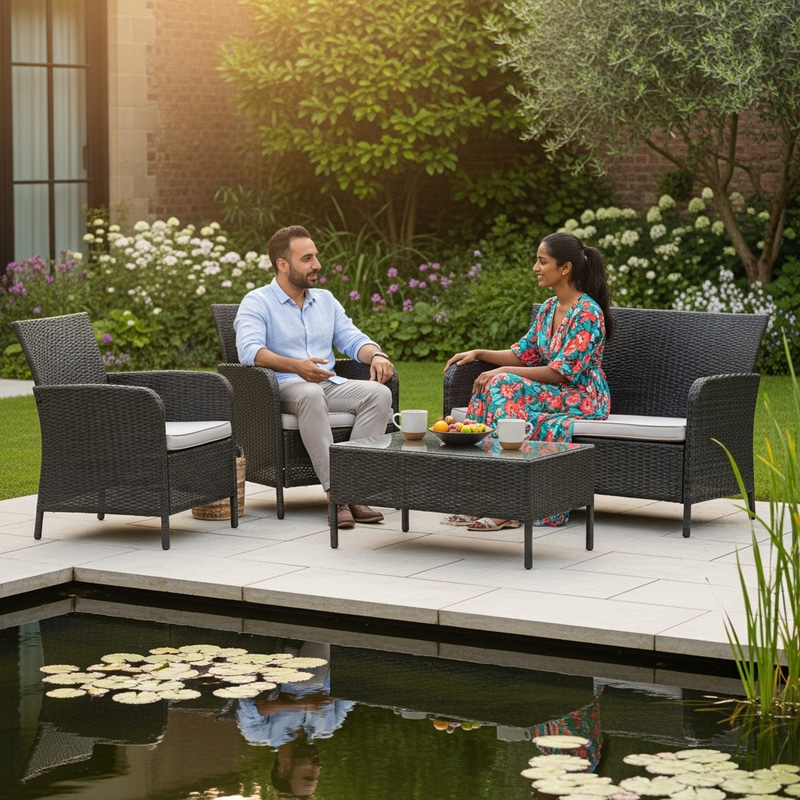 Outdoor Patio Furniture Set with Chatting Couple by the Pond Outdoor Patio Furniture Set with Chatting Couple by the Pond