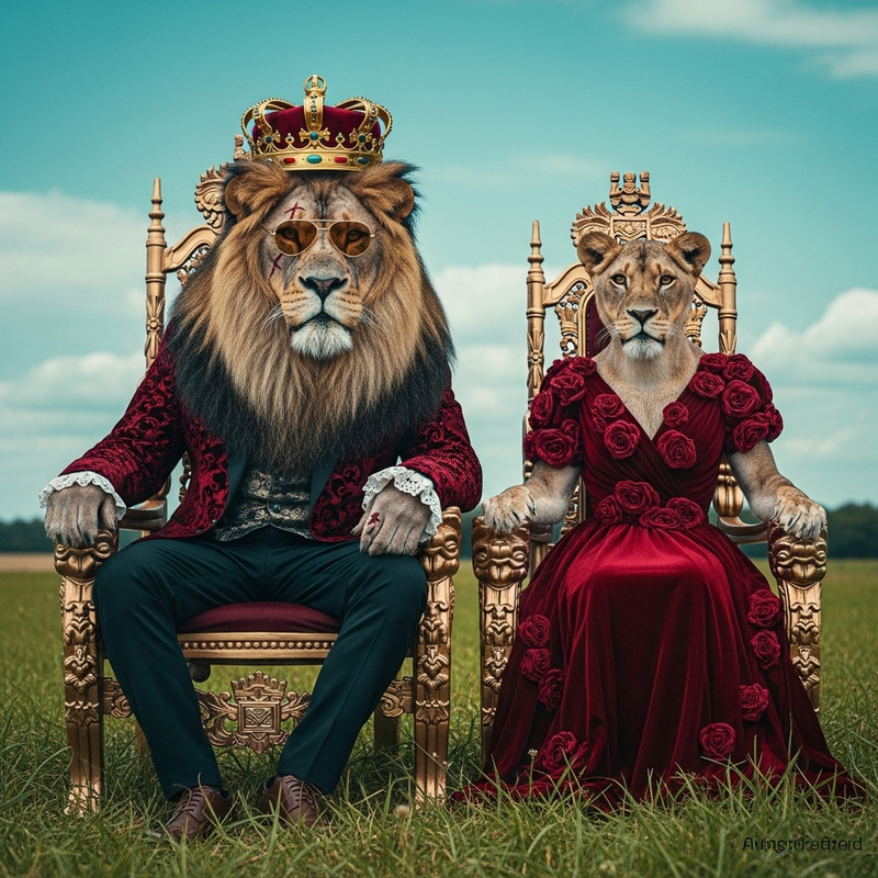 Majestic Lion King & Queen in Rose Velvet Outfits | Enchanted Fantasy Image Majestic Lion King & Queen in Rose Velvet Outfits | Enchanted Fantasy Image
