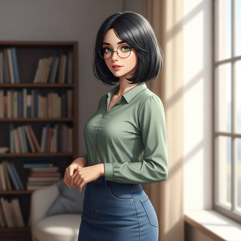 Young Woman with Bob Cut, Glasses and Green Eyes | Modestly Dressed