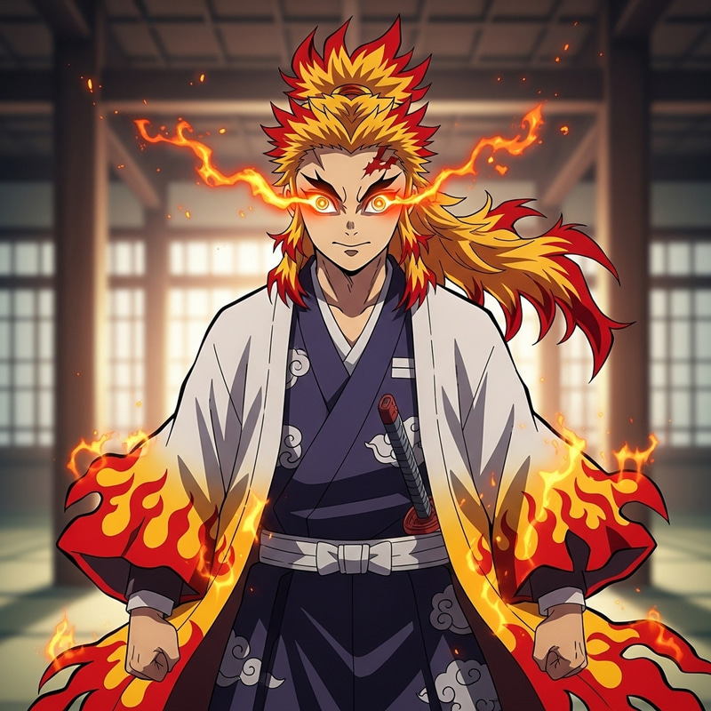 Rengoku Kyojuro: Fiery Kimono Warrior with Flame-Patterned Haori Rengoku Kyojuro: Fiery Kimono Warrior with Flame-Patterned Haori