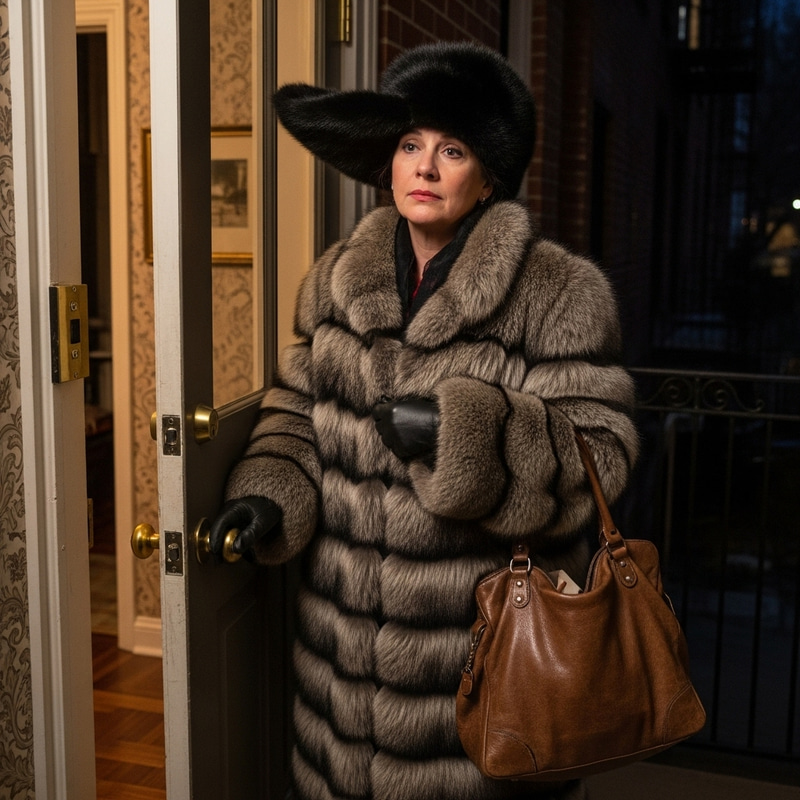 Elegant 50-Year-Old Woman in Raccoon Fur and Black Hat Enters Apartment Elegant 50-Year-Old Woman in Raccoon Fur and Black Hat Enters Apartment