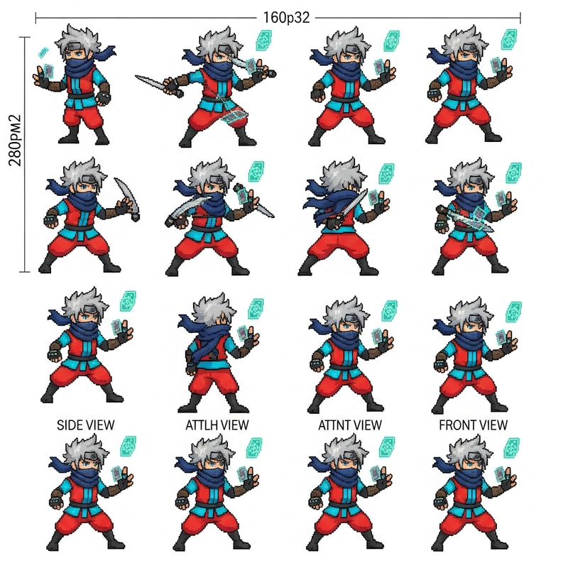 Pixel Art JRPG Sprite Sheet: Young Human Ninja Character Pixel Art JRPG Sprite Sheet: Young Human Ninja Character