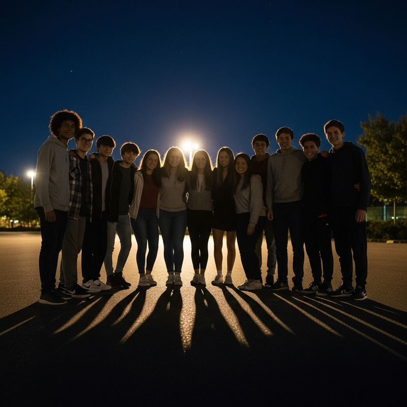 Realistic Nighttime Silhouette of 20 Teenagers Embodying Unity Realistic Nighttime Silhouette of 20 Teenagers Embodying Unity