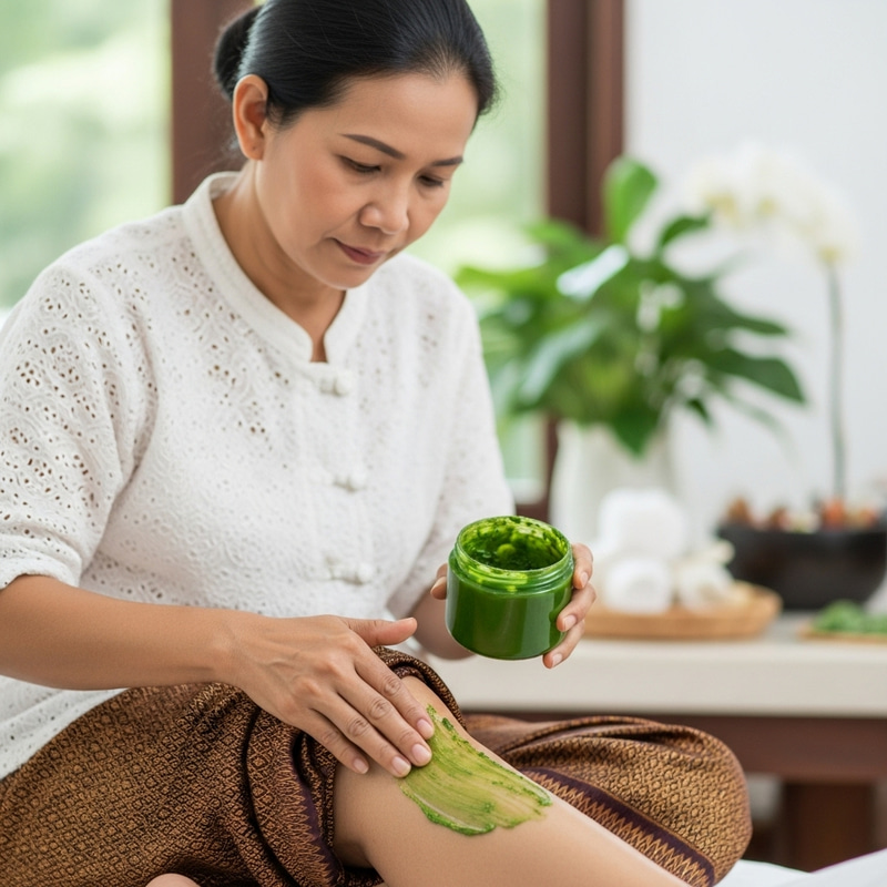 Thai Woman Using Herbal Ointment for Varicose Veins Treatment
