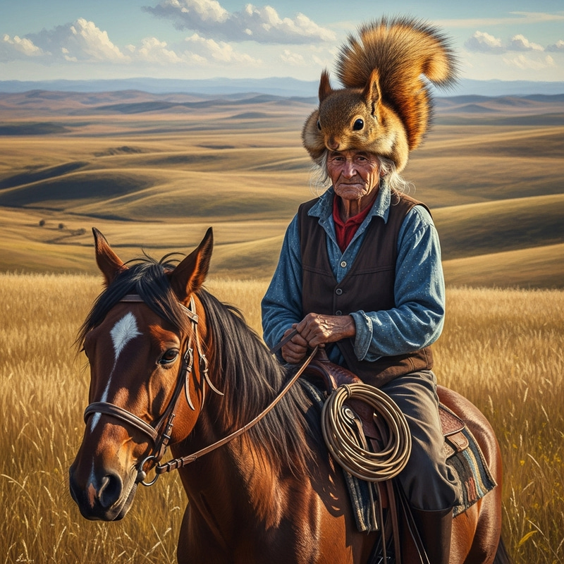 Elderly Man Wearing Squirrel Hat Rides Horse in Autumn Scene Elderly Man Wearing Squirrel Hat Rides Horse in Autumn Scene