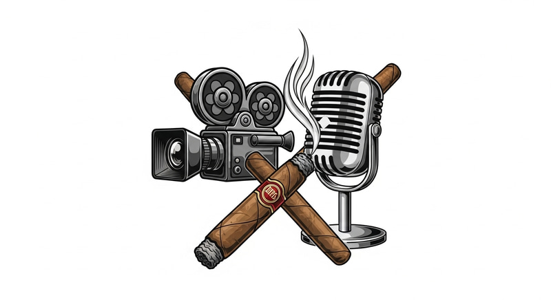 Realistic Cinema Camera, Cigar & Podcast Microphone Logo Design Realistic Cinema Camera, Cigar & Podcast Microphone Logo Design