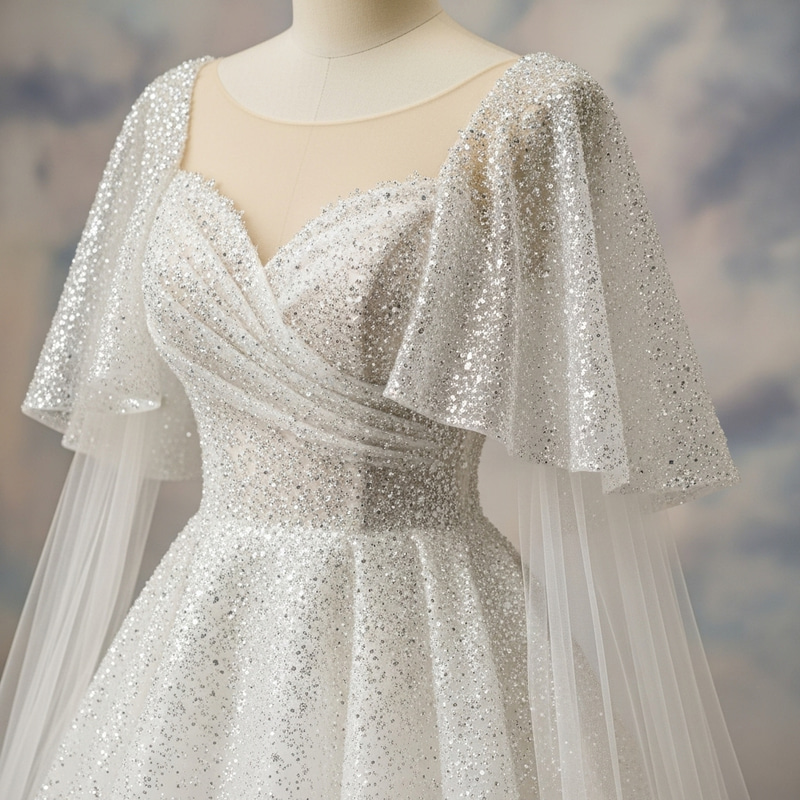 Elegant Glitter Wedding Dress with Cascading Sleeves Elegant Glitter Wedding Dress with Cascading Sleeves