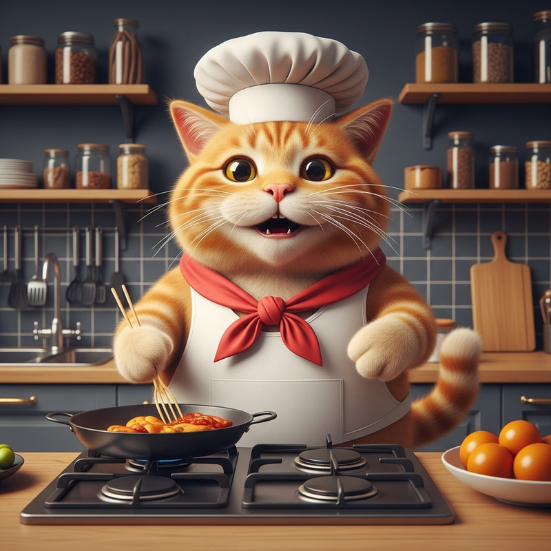 Chubby Ginger British Cat Chef Cooking Happily in Kitchen Chubby Ginger British Cat Chef Cooking Happily in Kitchen