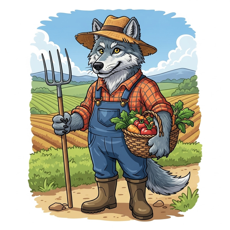 Whimsical Wolf Farmer Cartoon Illustration