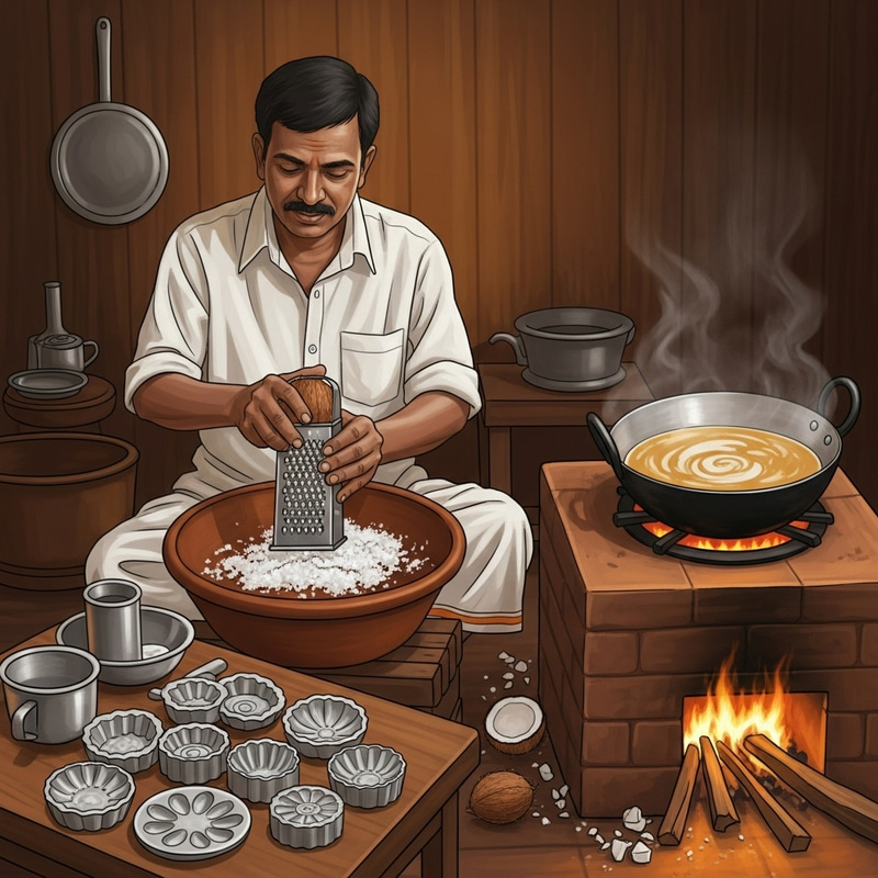 Coconut Jaggery Preparation in Traditional Rustic Kitchen Coconut Jaggery Preparation in Traditional Rustic Kitchen