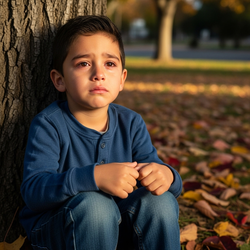 Crying Hispanic Boy in Autumn Park | Lost in Thought Crying Hispanic Boy in Autumn Park | Lost in Thought