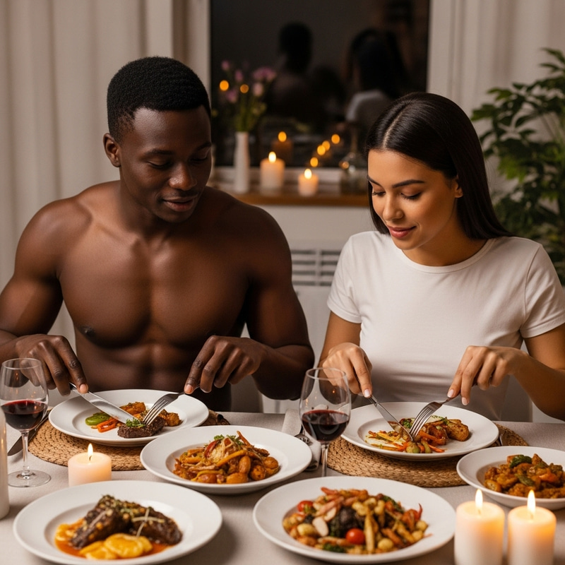 Cozy Home-Cooked Dinner Scene: Black Man & Hispanic Woman Cozy Home-Cooked Dinner Scene: Black Man & Hispanic Woman