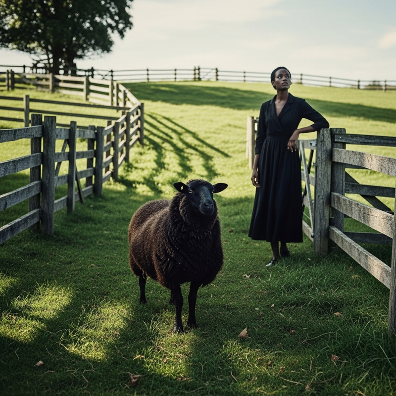Vintage Black Dress and Sheep in Stylish Country Setting Vintage Black Dress and Sheep in Stylish Country Setting