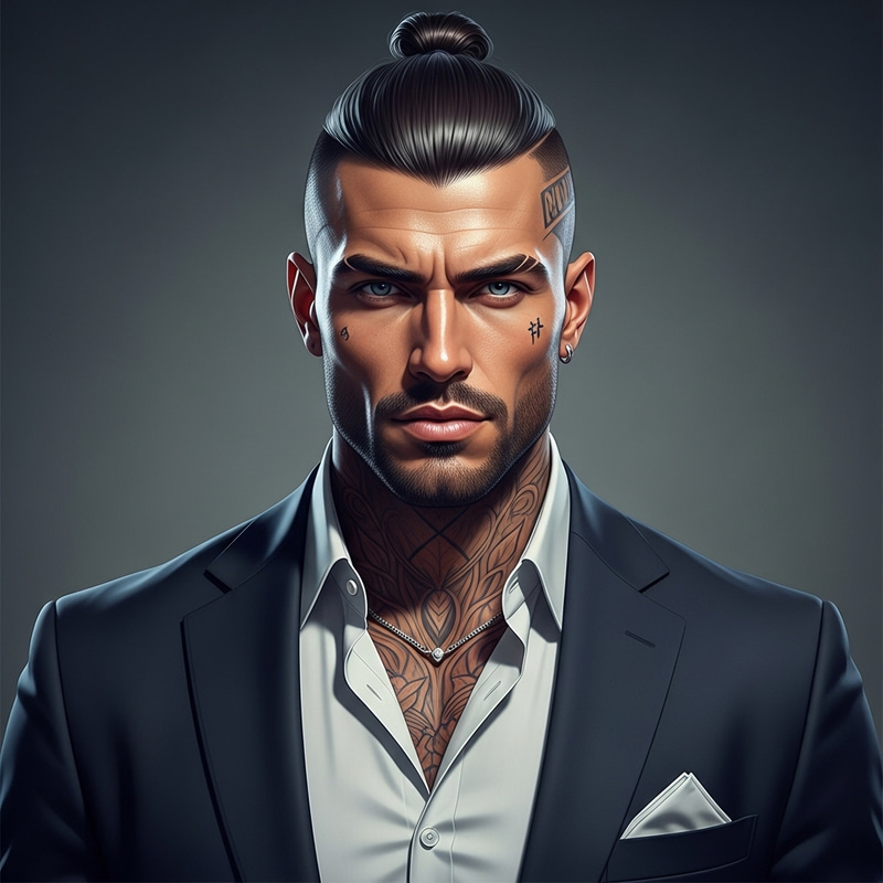 Mafia Boss Image: Piercing Blue Eyes, Top Knot Hairstyle, Tattooed Undercut