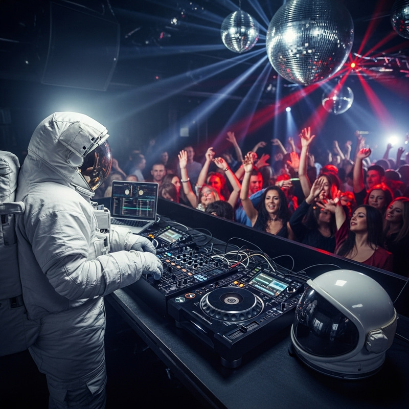 Astronaut DJ in Nightclub Mixing Electro Beats