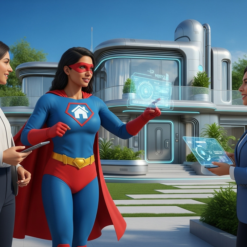 Real Estate Superhero Selling Hyper-Futuristic House