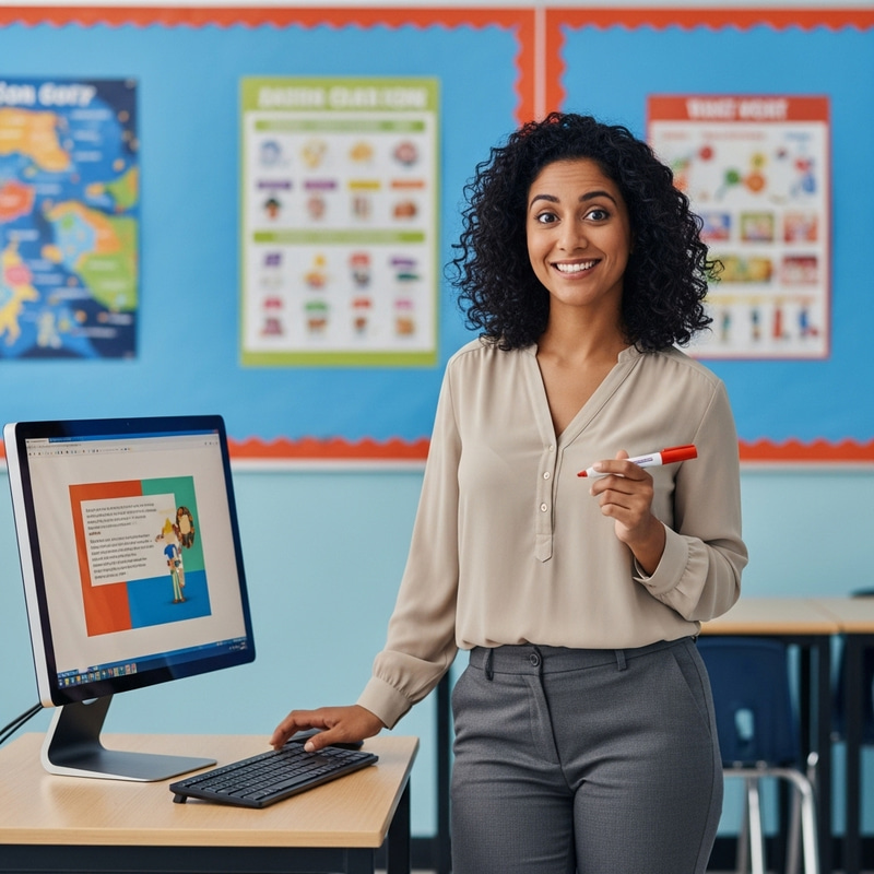 Comedic Female Teacher at Computer in Classroom