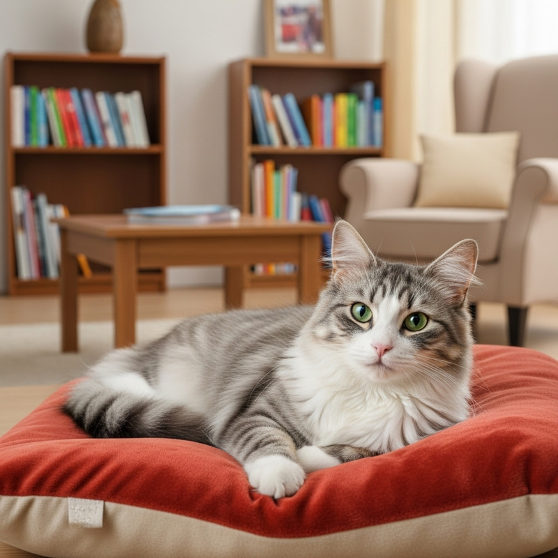 Majestic Fluffy Domestic Cat on Cozy Plush Cushion Majestic Fluffy Domestic Cat on Cozy Plush Cushion