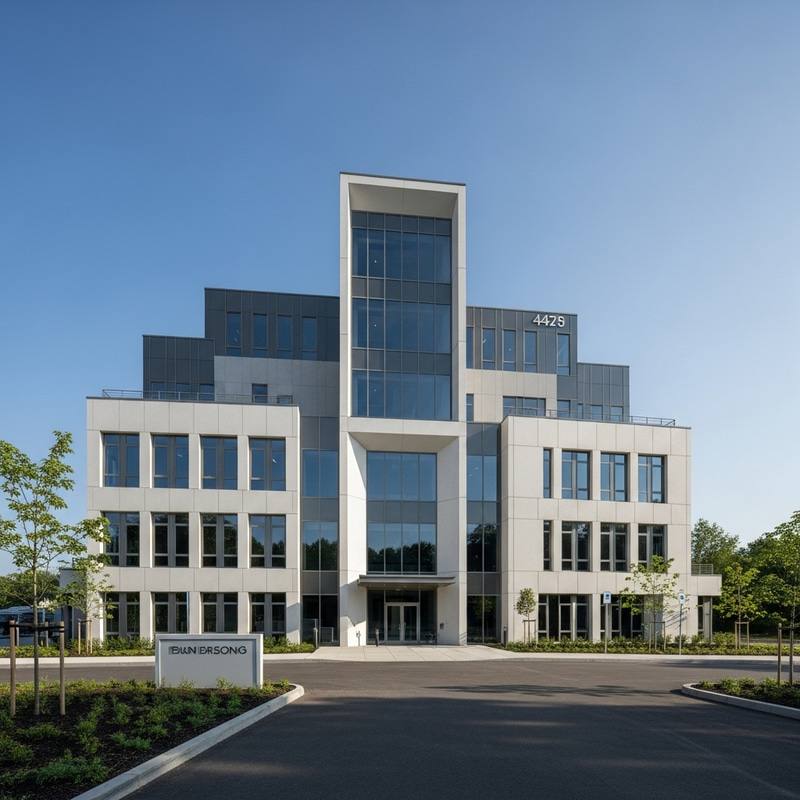 Minimalist Modern Office Building in Serene Setting Minimalist Modern Office Building in Serene Setting
