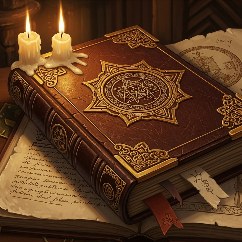 Vintage Leather-Bound Grimoire with Ornate Gold Detailing - Mystical Atmosphere Vintage Leather-Bound Grimoire with Ornate Gold Detailing - Mystical Atmosphere