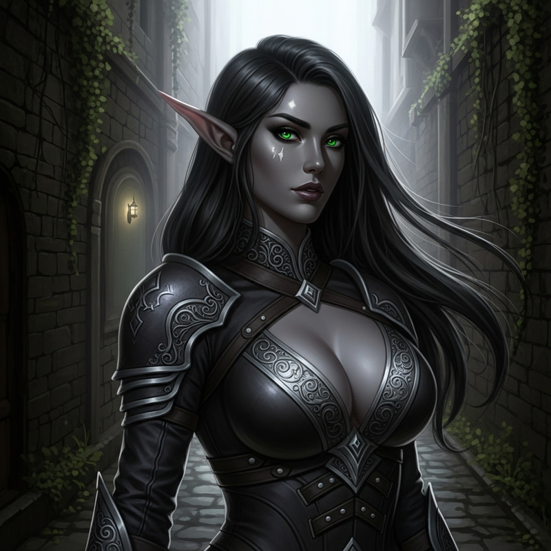 Beautiful Female Dark Elf with Mysterious Aura Standing in Lit Alleyway Beautiful Female Dark Elf with Mysterious Aura Standing in Lit Alleyway
