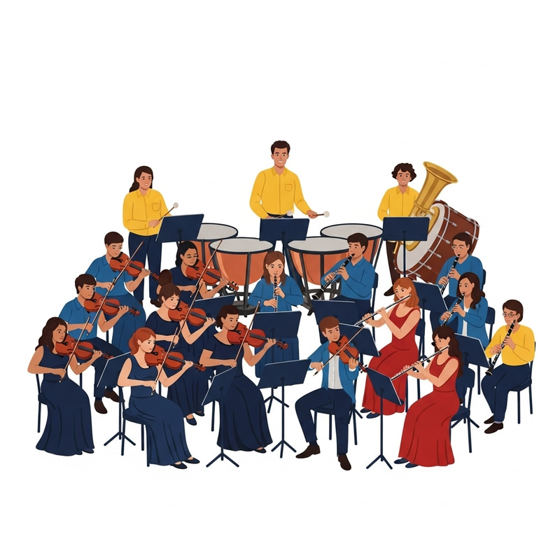 Vibrant Symphony Orchestra in Yellow, Blue, and Red Attire Vibrant Symphony Orchestra in Yellow, Blue, and Red Attire