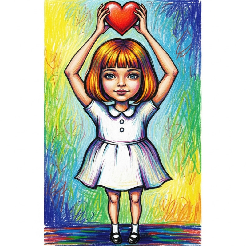 Vibrant Two-Dimensional Girl Holding Heart Artwork