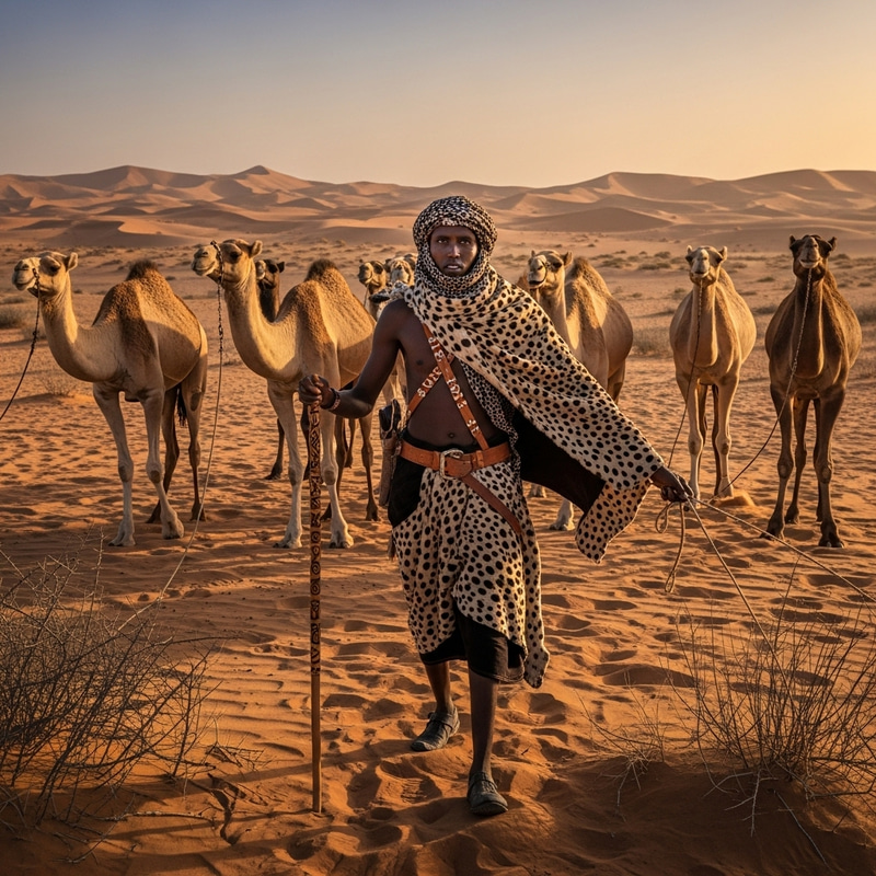 Nomadic Somali Man Handling Camels in Cheetah Fur Outfit Nomadic Somali Man Handling Camels in Cheetah Fur Outfit