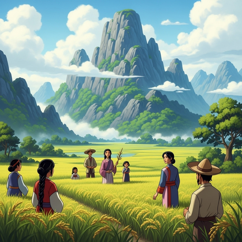 Rice Field and Majestic Mountain Vista | Traditional Peaceful Characters Rice Field and Majestic Mountain Vista | Traditional Peaceful Characters