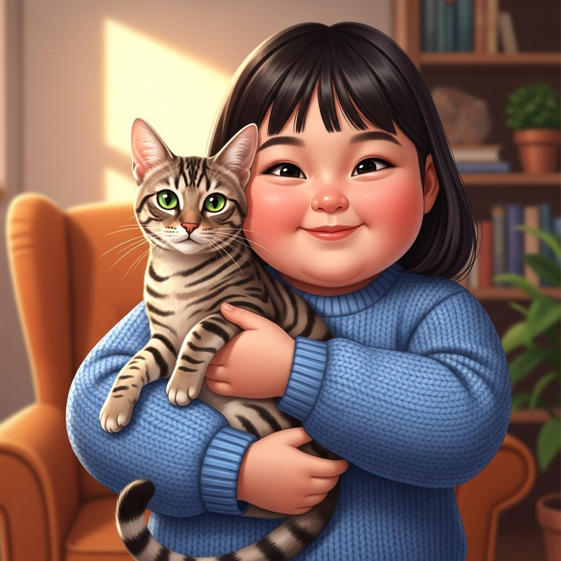 Chubby Cheeks Asian Girl with Cute Cat Chubby Cheeks Asian Girl with Cute Cat
