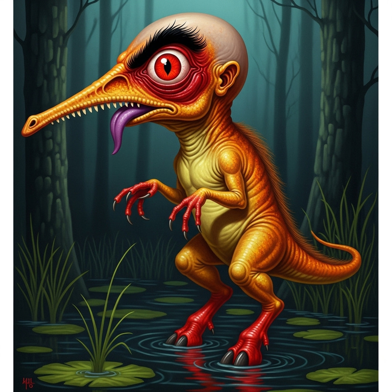 Red-Hooved Monster: Surreal Dinosaur-Like Horror in Dark Swamp Red-Hooved Monster: Surreal Dinosaur-Like Horror in Dark Swamp