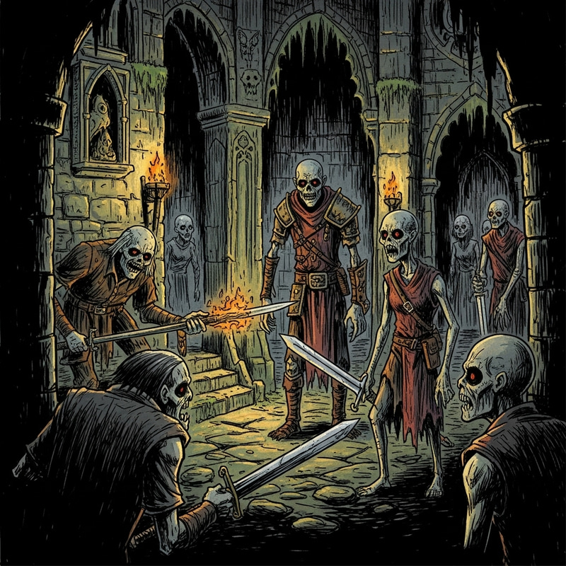 Eerie Dungeon with Undead Creatures | Dark Gothic Illustration