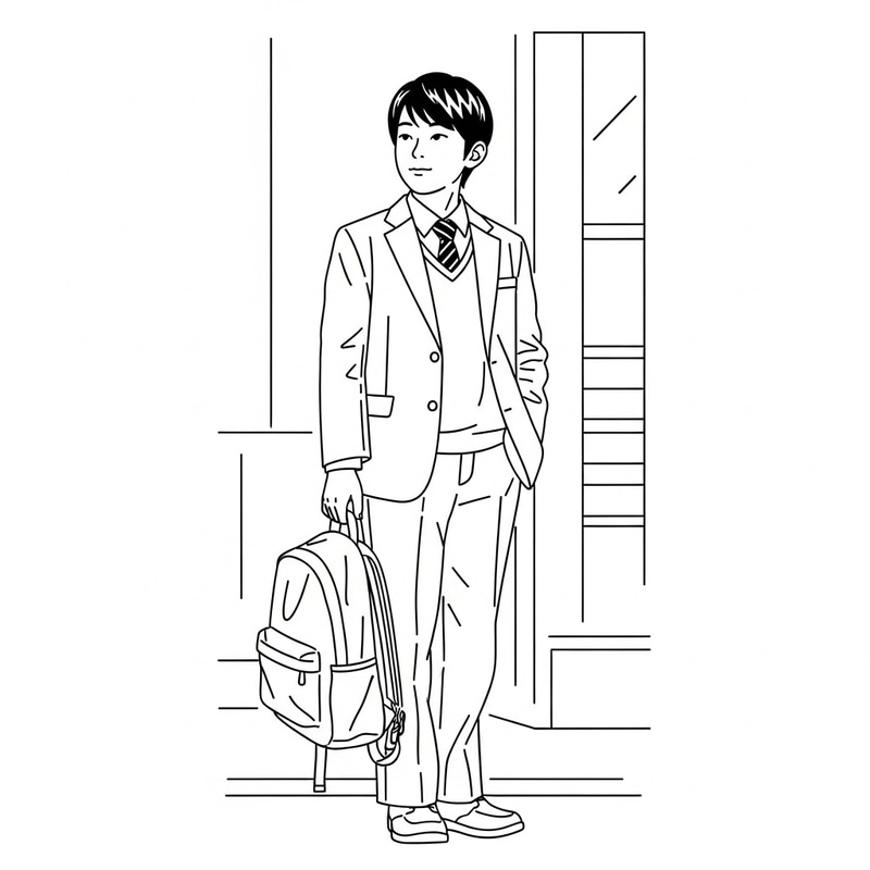 Casual Middle School Asian Student Line Drawing