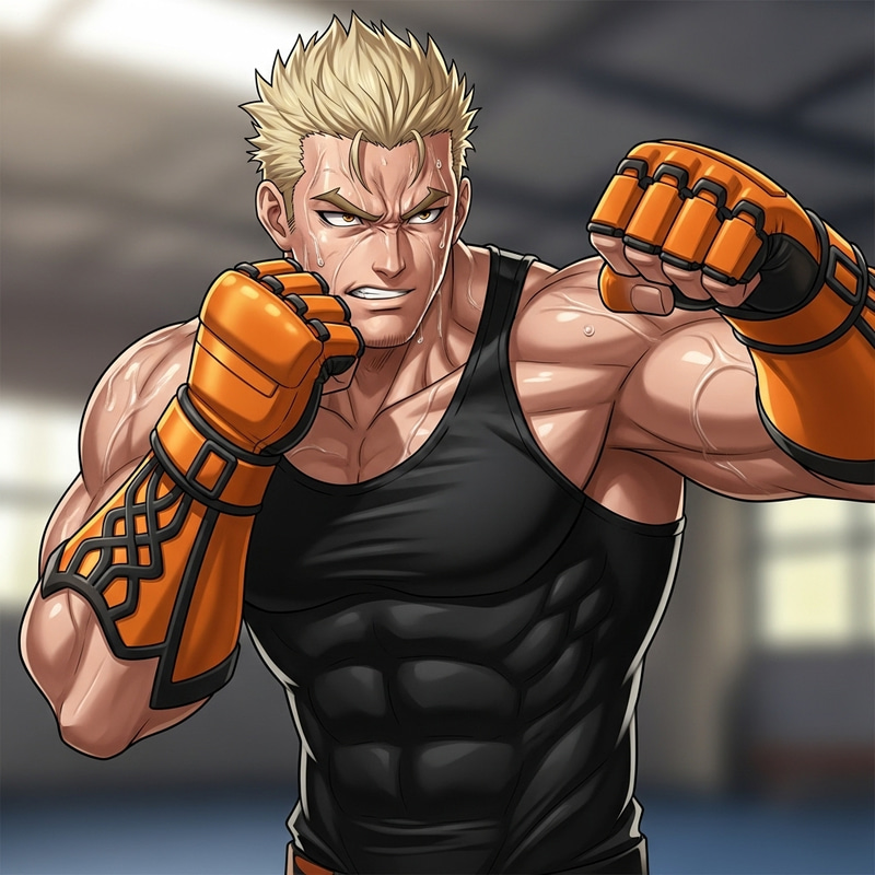 Muscular Male Character with Spiky Blonde Hair exuding Power Muscular Male Character with Spiky Blonde Hair exuding Power