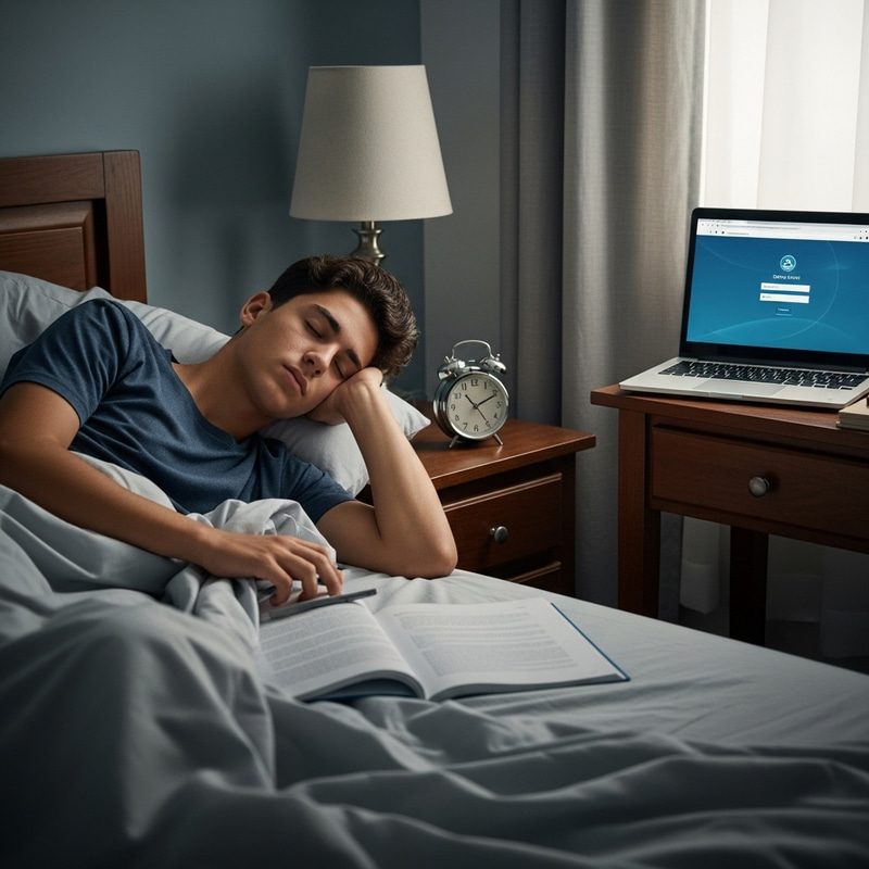 Teenage Boy Wakes up Late for Online School Teenage Boy Wakes up Late for Online School