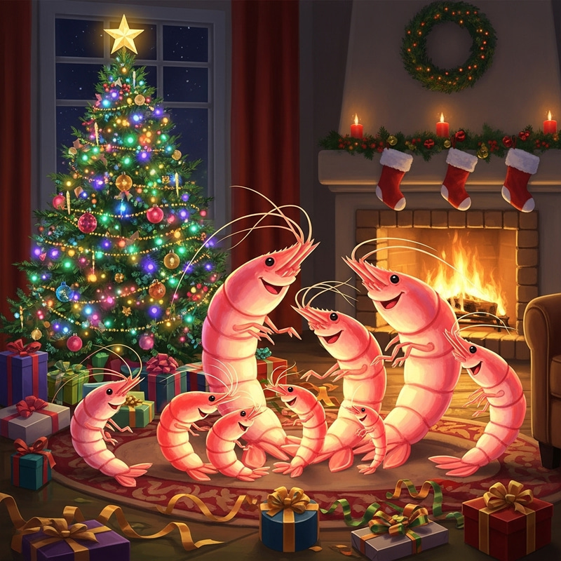 Shrimp Family Celebrates Christmas | Festive Artistic Scene Shrimp Family Celebrates Christmas | Festive Artistic Scene