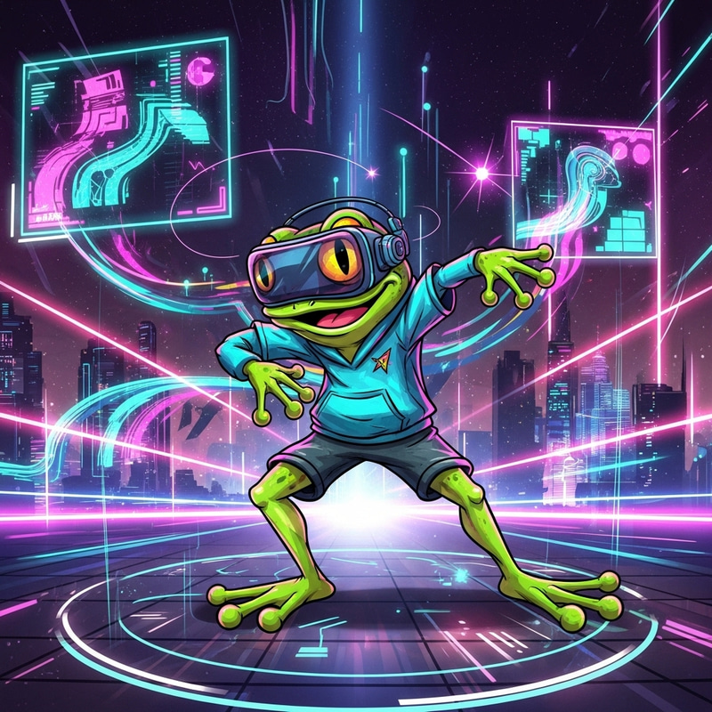 Dynamic Cyberpunk Frog in Neon Virtual Reality World Dynamic Cyberpunk Frog in Neon Virtual Reality World
