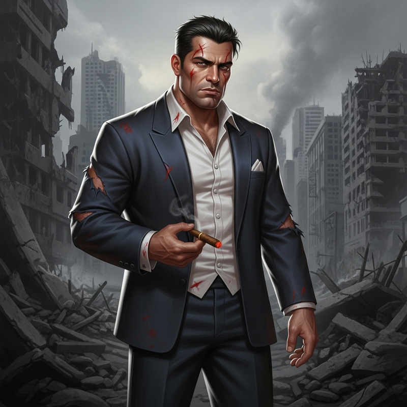 Hispanic Man in Tuxedo Amid Smoking Ruined City Hispanic Man in Tuxedo Amid Smoking Ruined City