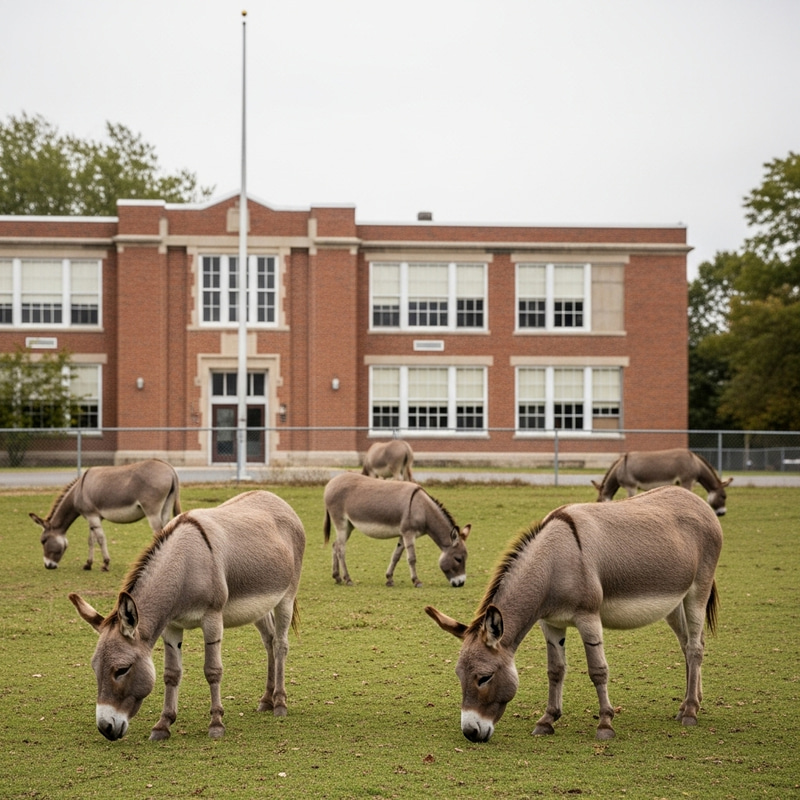 Donkeys Near Old School Building - Charming Country Scene Donkeys Near Old School Building - Charming Country Scene