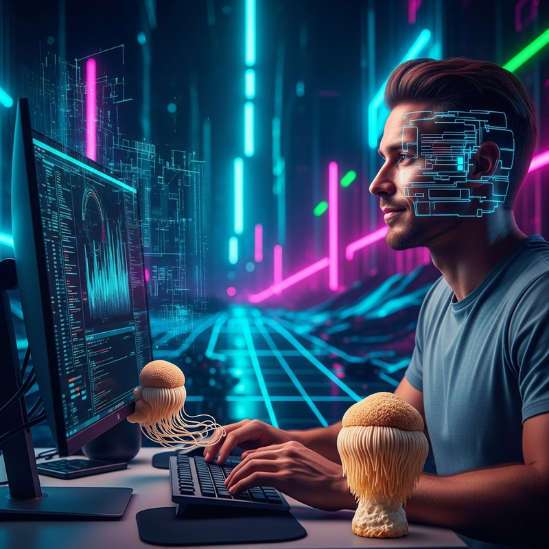 Digital Landscape with Athletic Man and Lion's Mane Mushroom Assistance