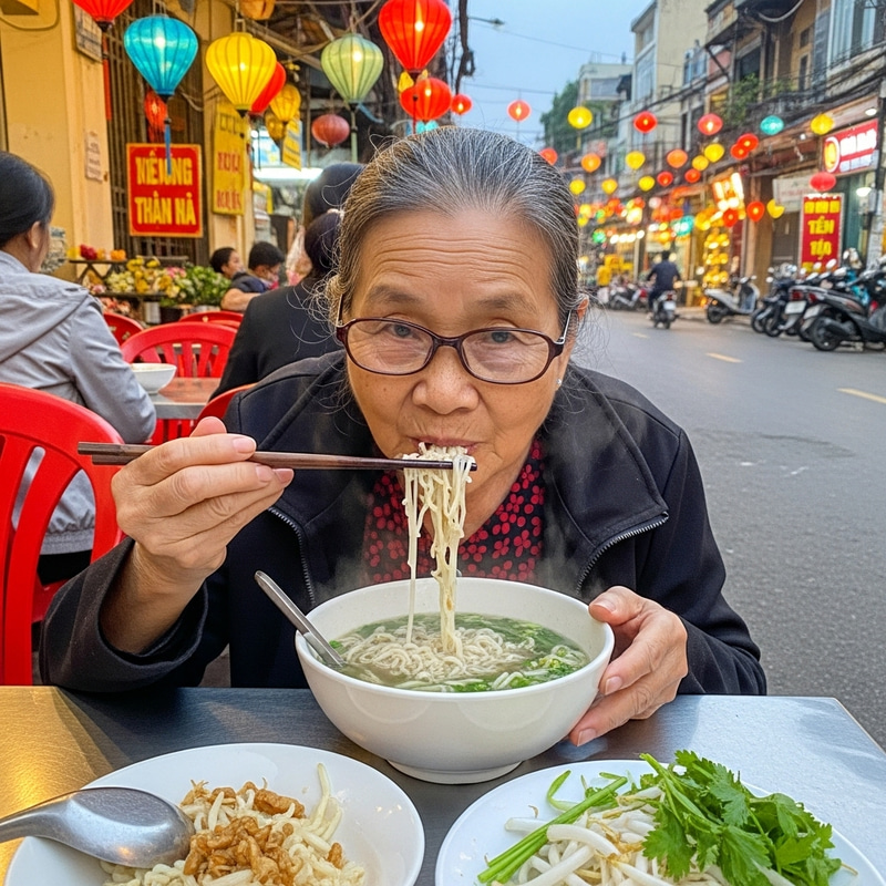 Elderly Vietnamese Woman Enjoys Pho Delightfully Elderly Vietnamese Woman Enjoys Pho Delightfully