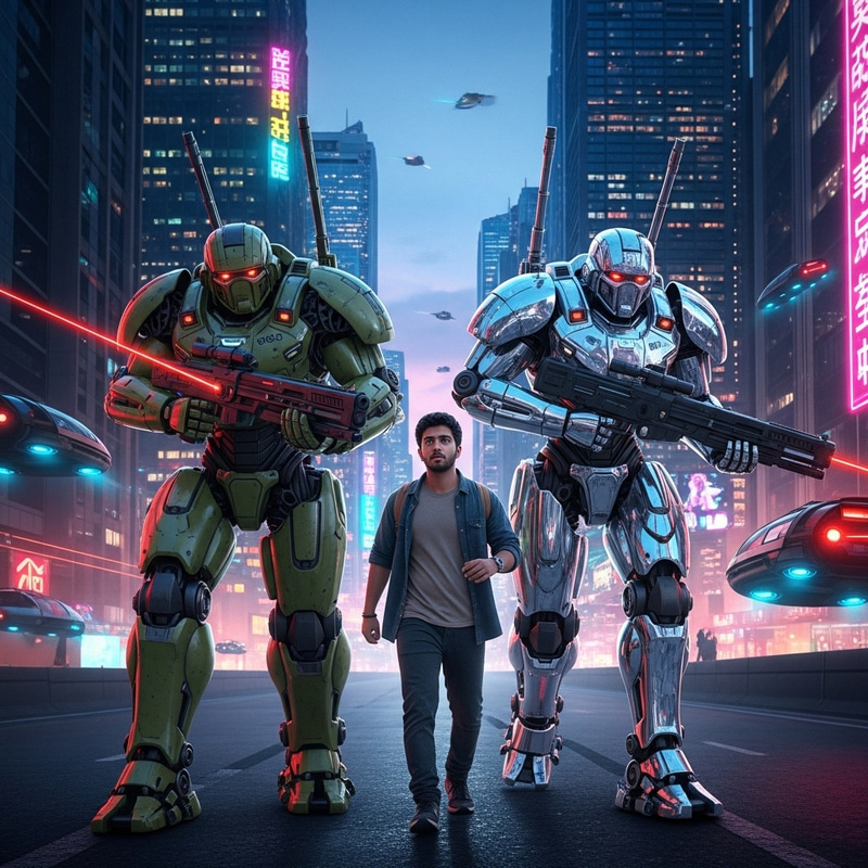 Futuristic Robots Escort Young Man in Urban Setting Futuristic Robots Escort Young Man in Urban Setting