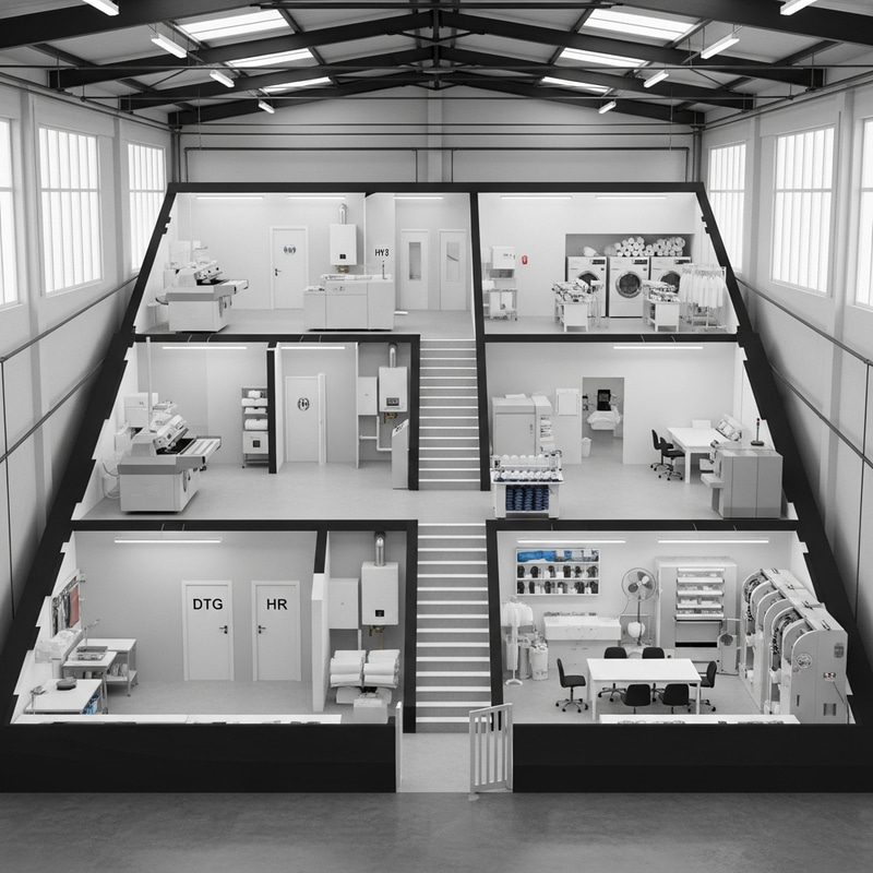 Factory Ground Floor Layout: DTG Printing, HR, Meeting & More Factory Ground Floor Layout: DTG Printing, HR, Meeting & More