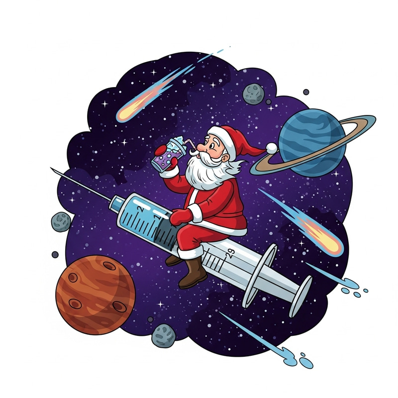 Santa Claus Flying Through Space Sipping Lean on a Syringe Santa Claus Flying Through Space Sipping Lean on a Syringe