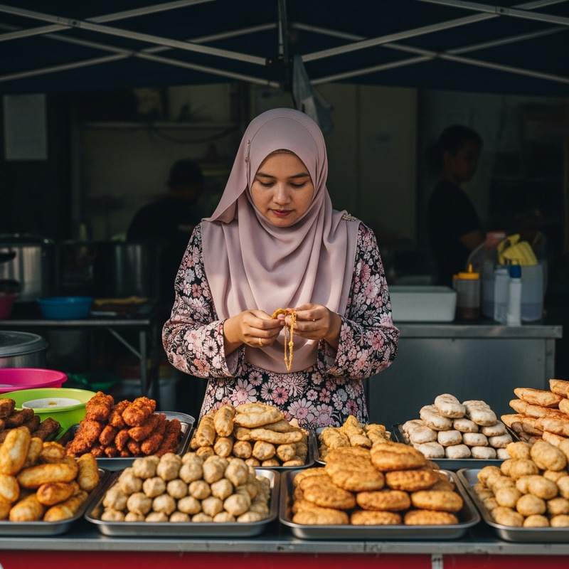 Tranquil Malaysian Malay Hijabi Woman Admiring Gold Jewelry at Food Booth Tranquil Malaysian Malay Hijabi Woman Admiring Gold Jewelry at Food Booth