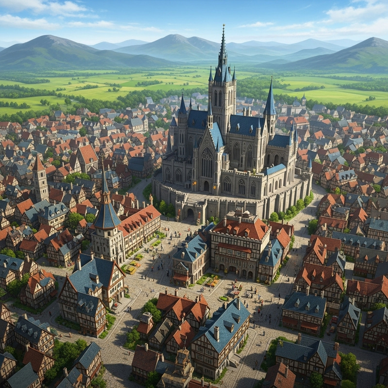 Eldoria Gothic Castle & Adventurers Guild Aerial View - Medieval Cityscape Eldoria Gothic Castle & Adventurers Guild Aerial View - Medieval Cityscape